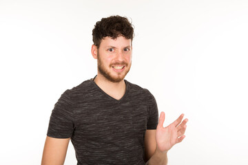Naklejka premium portrait young caucasian bearded man with gesture and rejection on white background