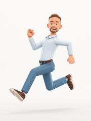 Smiling man running. Cartoon happy businessman in hurry, isolated on white background, 3d rendering