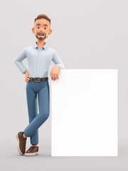 Cartoon man leaning on a blank presentation or information board, smiling businessman with advertising placard, 3d rendering