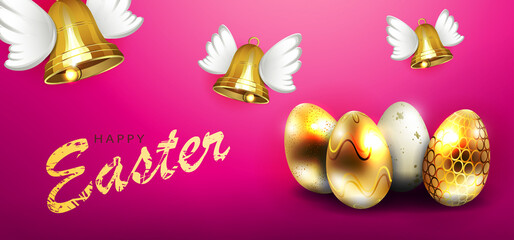 Illustration with Easter eggs and bells with golden colored wings