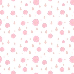 Nahtloses Blumenmuster mit Tropfen - rosa Blätter und Tröpfchen auf weißem Hintergrund, perfekt für Tapeten, Verpackung, Postkarten, Grußkarten, Hochzeitseinladungen, romantische Veranstaltungen.