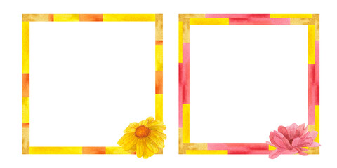 Set of watercolor frames with flower buds on isolated white background, summer banners with yellow and pink flowers and place for text.