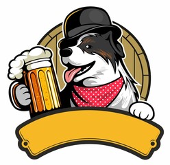 Cartoon style funny dog with the bowler hat, holding the beer mug, with the wooden beer barrel on background, cartoon style vector beer logo.