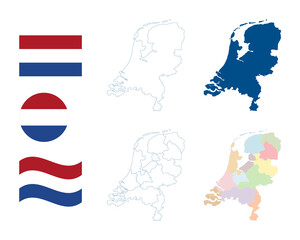 Netherlands map. Detailed blue outline and silhouette. Administrative divisions and provinces. Country flag. Set of vector maps. All isolated on white background. Template for design and infographics.