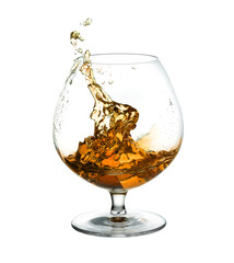 Glass of splashing whiskey with ice isolated on white