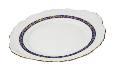 Vintage plate of unusual shape with gold rim isolated. Bowl top view.
