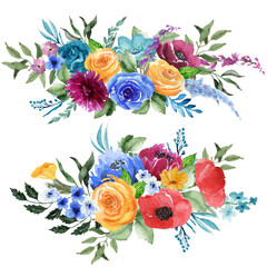 Autumn Floral Arrangement Set, Red, Yellow, Blue, Orange Flowers, Color Flowers Bouquet Bundle, Warm Tones, Watercolor asters, roses, peony, twig, Summer meadow flowers, Moody Chic Wedding Design