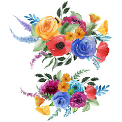 Wildflower Floral Arrangement Set, Red, Yellow, Blue, Orange Flowers, Color Flowers Bouquet Bundle, Warm Tones, Watercolor asters, roses, peony, twig, Summer meadow flowers, Moody Chic Wedding Design