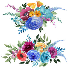 Wildflower Floral Arrangement Set, Color Flowers Bouquet Bundle, Warm Tones, Red, Yellow, Blue, Orange Flowers, Watercolor asters, roses, peony, twig, Summer meadow flowers, Moody Chic Wedding Design