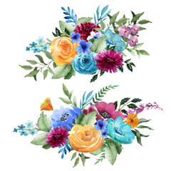 Color Flowers Bouquet Bundle, Wildflower Floral Arrangement Set, Warm Tones, Red, Yellow, Blue, Orange Flowers, Watercolor asters, roses, peony, twig, Summer meadow flowers, Moody Chic Wedding Design