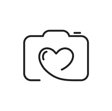 Vector monoline cute camera with heart inside icon photographer. Valentine Day Hand Drawn logo. Holiday sketch doodle Design element. love decor for web, wedding and print. Isolated illustration
