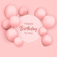 Birthday card with realistic pink balloons, serpentine, confetti and glitter. Luxury elegant design. Vector illustration.