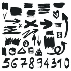 Marker elements, highlighter elements, circle marks, math signs, check marks. various hand symbols, vector illustration.