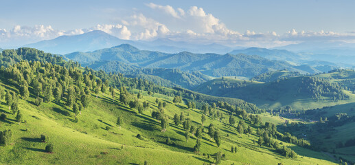 Obraz premium Picturesque valley, panoramic mountain view. Bright sunlight, spring greens of forests and meadows.