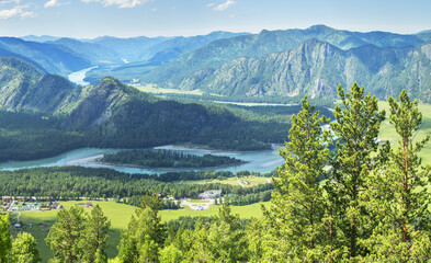 Fototapeta na wymiar Picturesque mountain valley, river Katun, Altai. Summer greens.