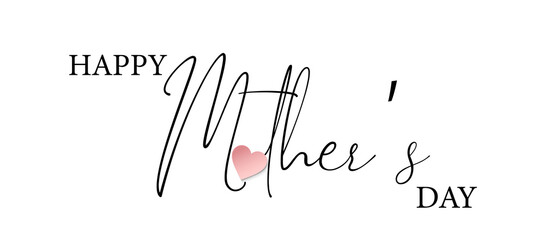 Happy Mother's day text with realistic pink paper heart on white background. Elegant 3d poster. Vector illustration for banner, cover, sale.