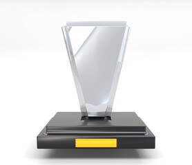 Glass award trophy or winner prize on black pedestal with empty gold plate, front view. Transparent crystal or acrylic diamond frame with dispersion effect, isolated on white background, 3d render