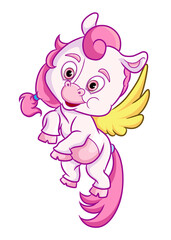 The happy unicorn is flying with the golden wings