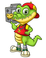 The punk rock crocodile listening the music from the radio