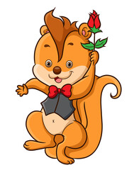The happy squirrel is holding the flower and falling down