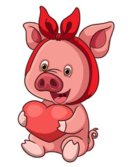 The happy pig with the red ribbon holding the love