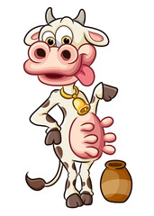 The cute cow is standing next to the small jar