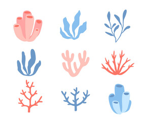 Underwater plants cartoon collection. Seaweed and corals organic set. Sea plants bundle.