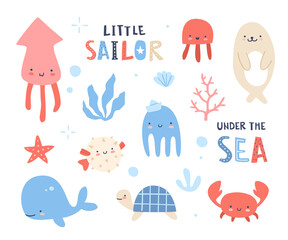 Cute baby sea animals collection. Happy marine set for kids. Underwater bundle.