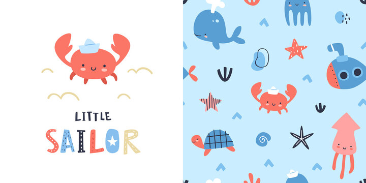 Fototapeta Cute sea life baby pattern with print collection. Marine apparel design adorable set.