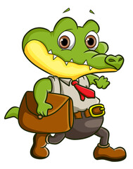 The worker crocodile is in hurry for working and bring a bag