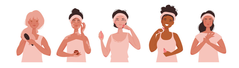 Pretty girls use cosmetic products. Multi ethnic women apply cosmetic cream, mask and lotion for skincare routine and facial massage. Flat vector illustration set isolated on white background.