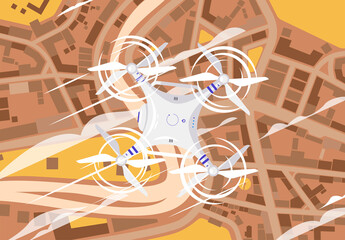 vector illustration of an unmanned aerial vehicle with propellers flying in the air over the landscape of the earth, flying over a residential area, top view