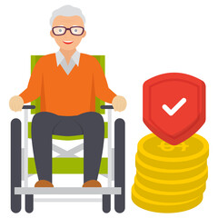 Old man with coin stack and Shield Concept, Inflation And Retirement Investments Vector Icon Design, Economic Assistance Symbol, Unemployment Benefits Sign, Unconditional Income stock illustration