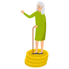 Old Age Pension Concept, senior citizen holding stick and standing on coin stack Vector Icon Design, Economic Assistance Symbol, Unemployment Benefits Sign, Unconditional Income stock illustration