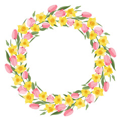 Obraz premium A wreath of tulips and daffodils. Spring. Easter. . Suitable for postcards and invitations. Vector