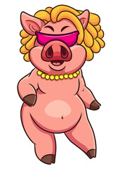 The cool pig is wearing a sunglasses and gold necklace