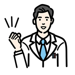 笑顔でガッツポーズをしている白衣を着た若い男性医師
