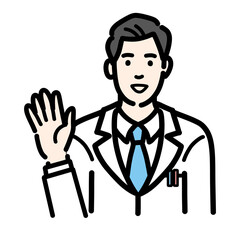 手を挙げて笑顔で挨拶をしている白衣を着た若い男性医師
