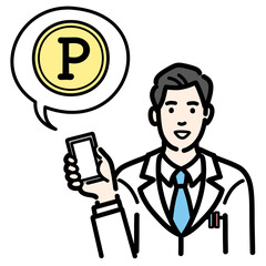 スマートフォンを持ってポイントの説明をしている白衣を着た若い男性医師
