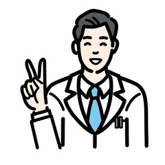 笑顔でピースサインをしている白衣を着た若い男性医師
