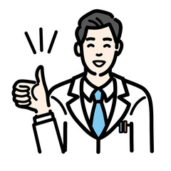 笑顔で親指を立てている白衣を着た若い男性医師
