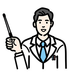 指し棒で解説をしている白衣を着た若い男性医師
