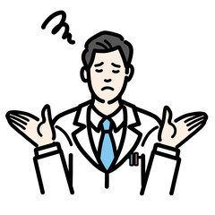 Obraz premium 両手を上げて困っている白衣を着た若い男性医師 