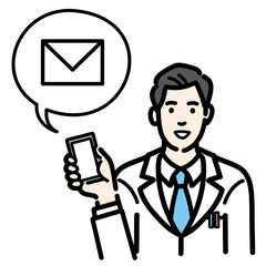 スマートフォンを持ってメールの説明をしている白衣を着た若い男性医師
