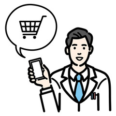 スマートフォンを持ってショッピングの説明をしている白衣を着た若い男性医師
