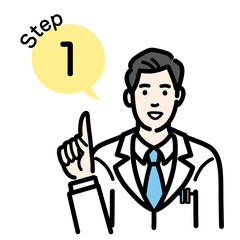 ステップ1　工程を説明する白衣を着た若い男性医師
