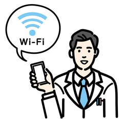 スマートフォンを持ってwifiの説明をしている白衣を着た若い男性医師
