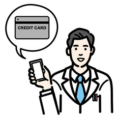 スマートフォンを持ってクレジットカードの説明をしている白衣を着た若い男性医師
