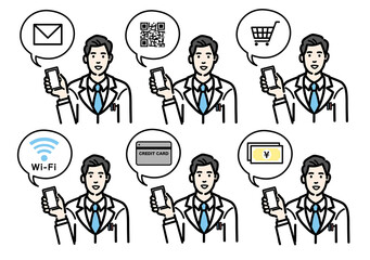 スマートフォンを持って説明をしている白衣を着た若い男性医師のセット
