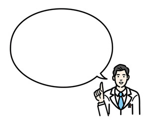 吹き出しで提案をしている白衣を着た若い男性医師
